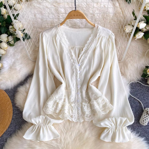 V-neck Lace Flared Sleeve Top