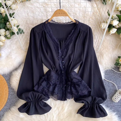 V-neck Lace Flared Sleeve Top