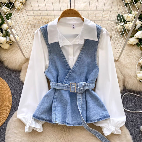 Denim Vest & White Shirt 2Pcs