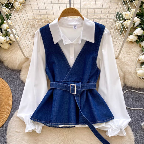 Denim Vest & White Shirt 2Pcs