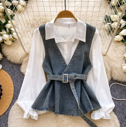 Denim Vest & White Shirt 2Pcs