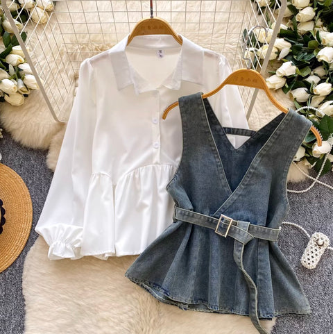 Denim Vest & White Shirt 2Pcs