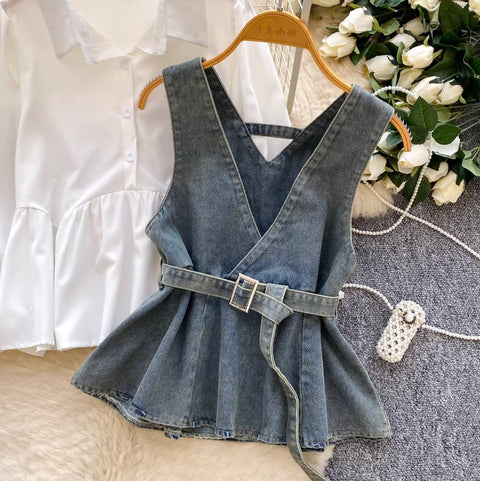 Denim Vest & White Shirt 2Pcs