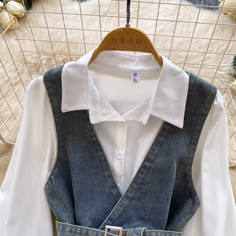 Denim Vest & White Shirt 2Pcs