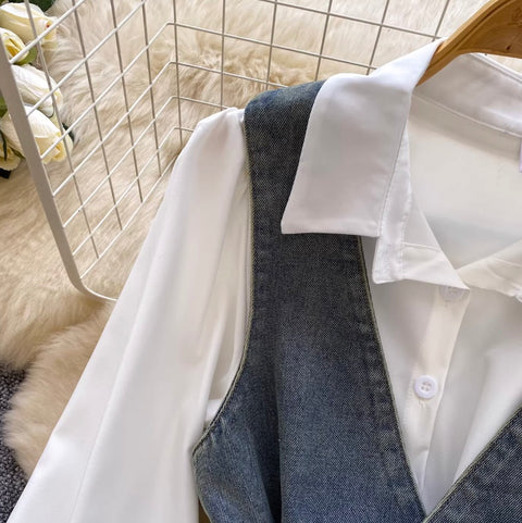 Denim Vest & White Shirt 2Pcs