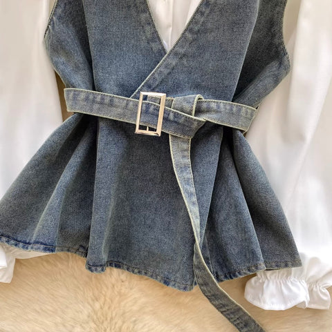 Denim Vest & White Shirt 2Pcs