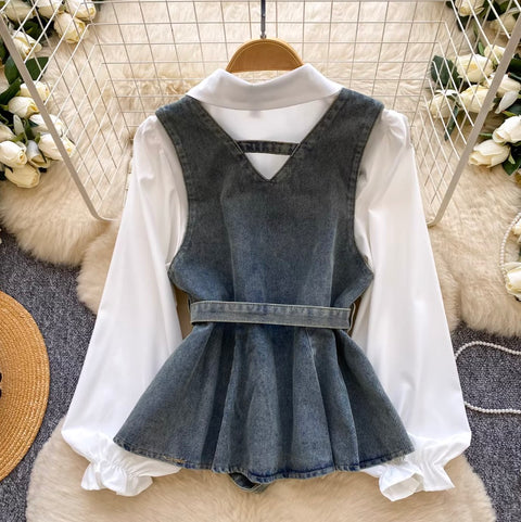 Denim Vest & White Shirt 2Pcs