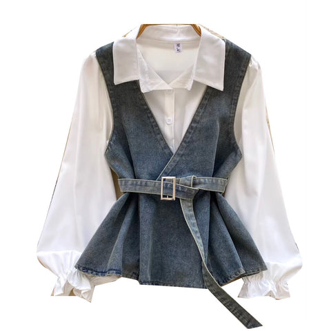 Denim Vest & White Shirt 2Pcs