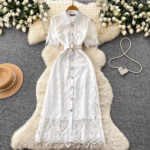 Lapeled Embroidered Lace Shirt Dress