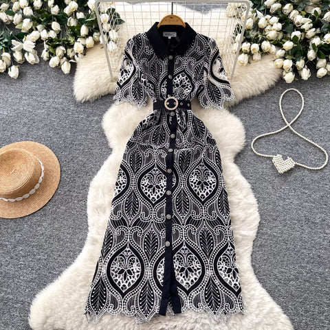 Lapeled Embroidered Lace Shirt Dress