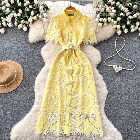 Lapeled Embroidered Lace Shirt Dress