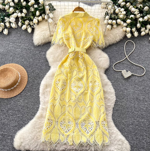 Lapeled Embroidered Lace Shirt Dress