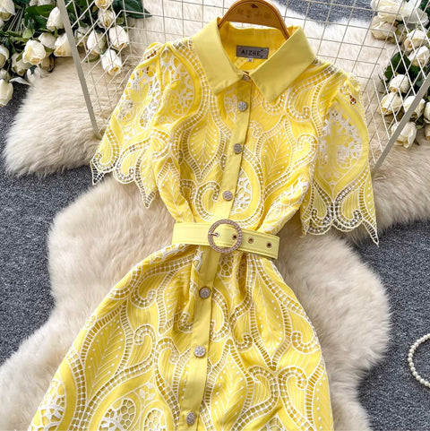 Lapeled Embroidered Lace Shirt Dress