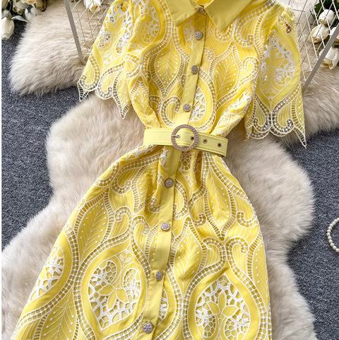 Lapeled Embroidered Lace Shirt Dress