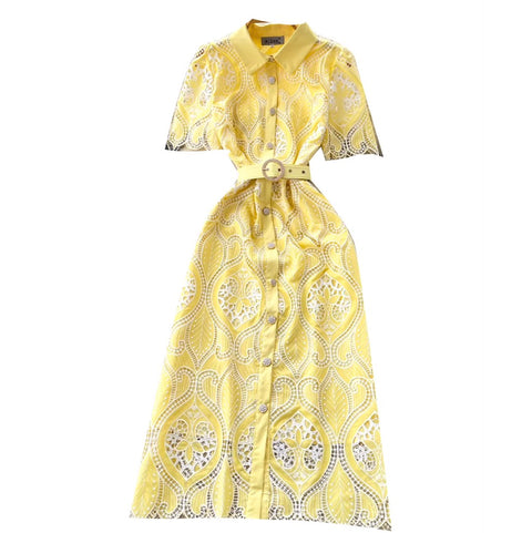 Lapeled Embroidered Lace Shirt Dress