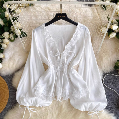 V-neck Lace Patchwork Elegant Shirt
