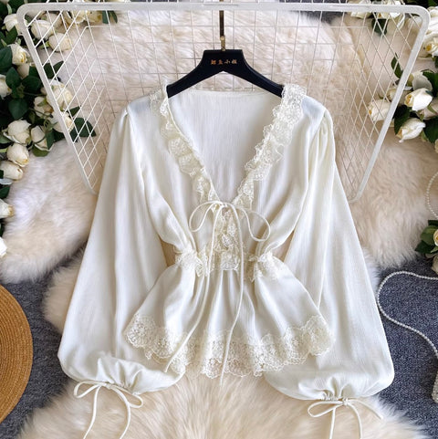 V-neck Lace Patchwork Elegant Shirt