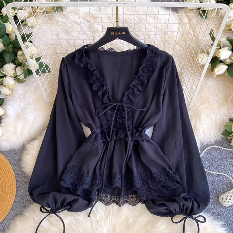 V-neck Lace Patchwork Elegant Shirt