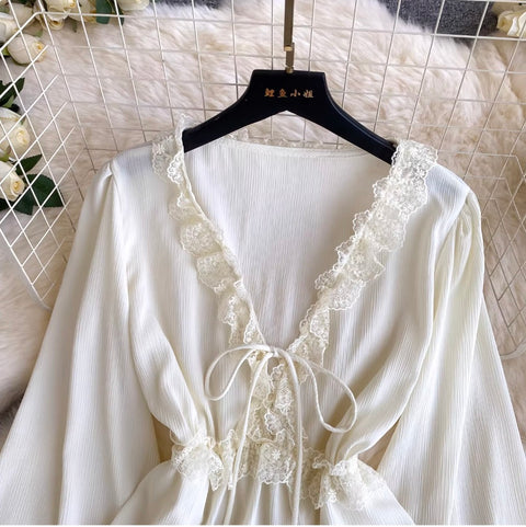 V-neck Lace Patchwork Elegant Shirt
