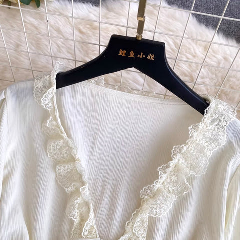 V-neck Lace Patchwork Elegant Shirt