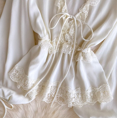 V-neck Lace Patchwork Elegant Shirt