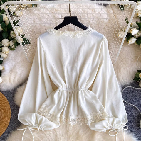 V-neck Lace Patchwork Elegant Shirt