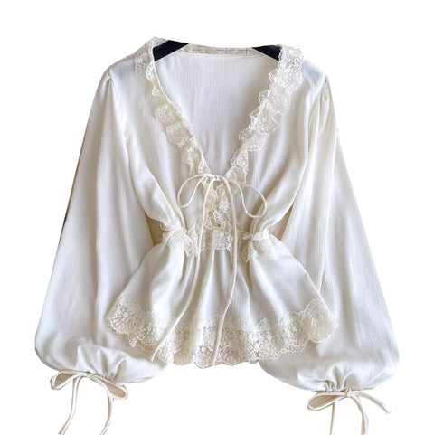 V-neck Lace Patchwork Elegant Shirt