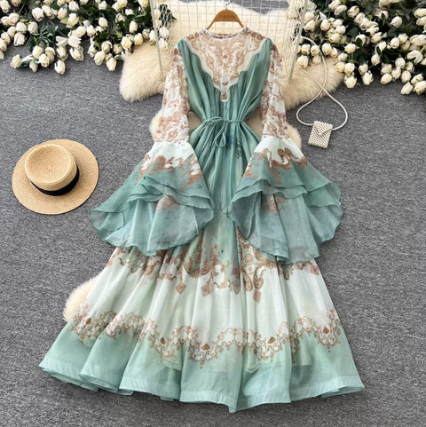 Courtly Flared Sleeve Floral Print Dress