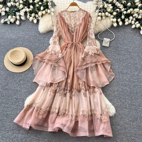 Courtly Flared Sleeve Floral Print Dress