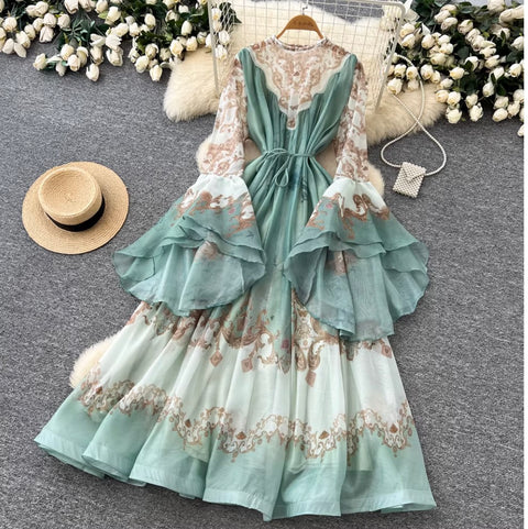 Courtly Flared Sleeve Floral Print Dress