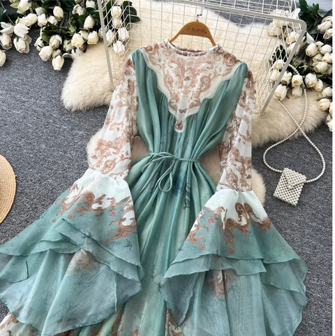 Courtly Flared Sleeve Floral Print Dress