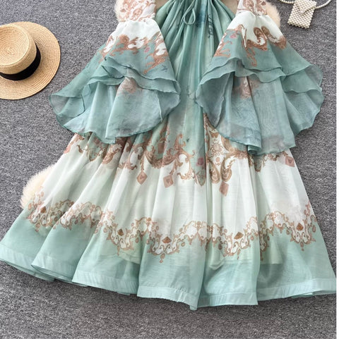 Courtly Flared Sleeve Floral Print Dress