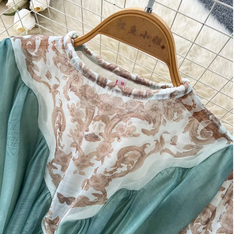 Courtly Flared Sleeve Floral Print Dress