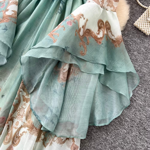 Courtly Flared Sleeve Floral Print Dress