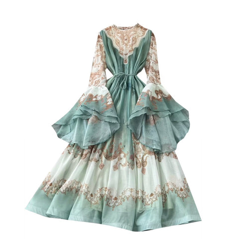 Courtly Flared Sleeve Floral Print Dress