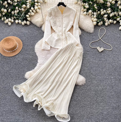 Embroidered Blazer & Pleated Skirt 2Pcs