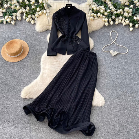 Embroidered Blazer & Pleated Skirt 2Pcs