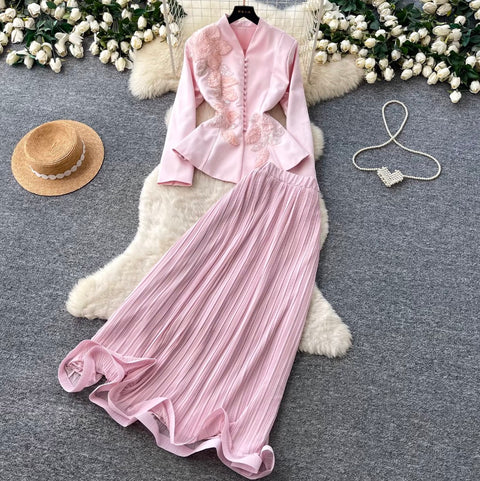 Embroidered Blazer & Pleated Skirt 2Pcs