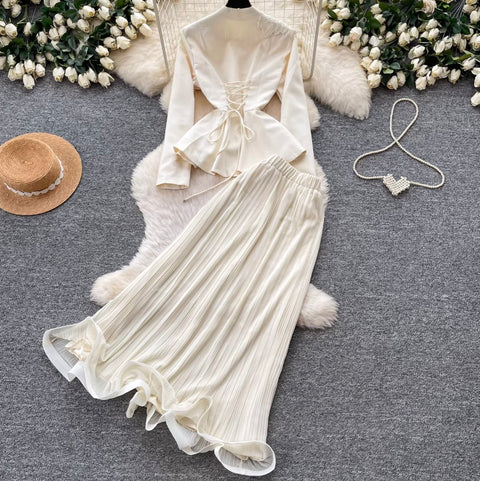 Embroidered Blazer & Pleated Skirt 2Pcs