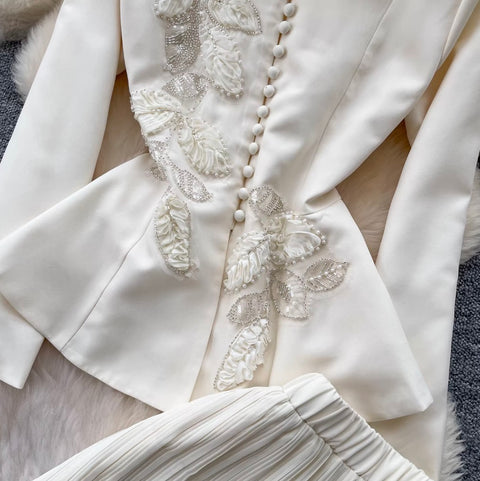 Embroidered Blazer & Pleated Skirt 2Pcs