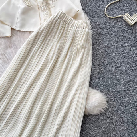 Embroidered Blazer & Pleated Skirt 2Pcs