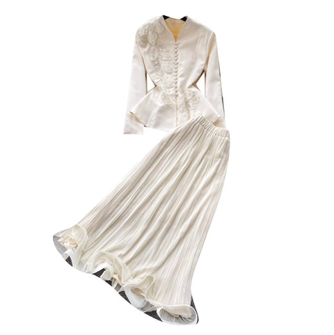 Embroidered Blazer & Pleated Skirt 2Pcs
