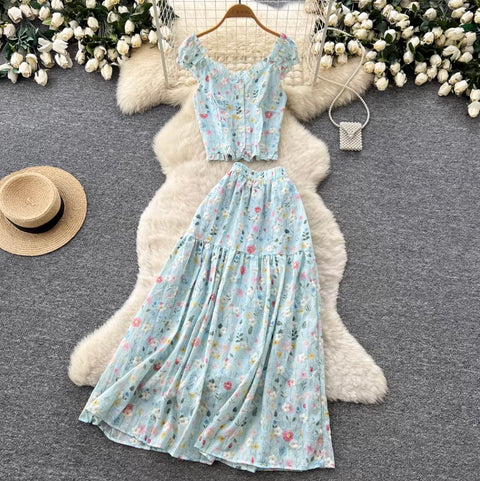 Floral Print Vest & Skirt 2Pcs