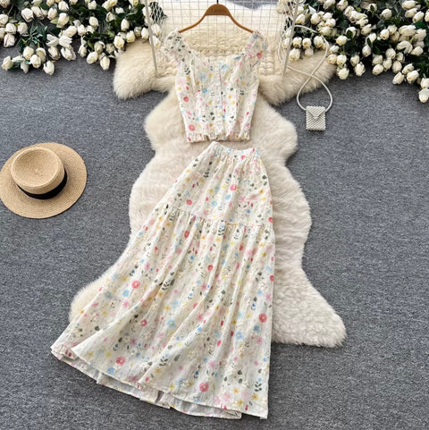 Floral Print Vest & Skirt 2Pcs