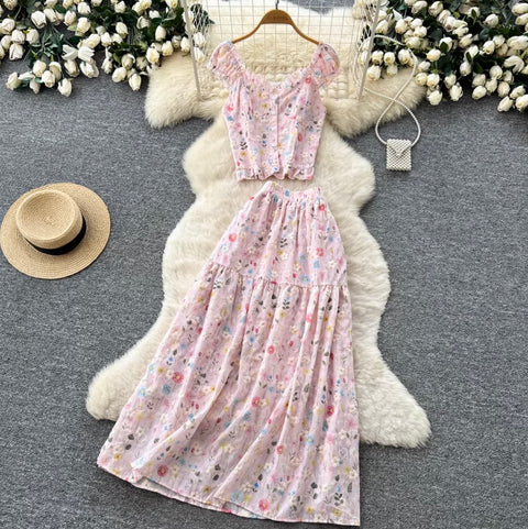 Floral Print Vest & Skirt 2Pcs