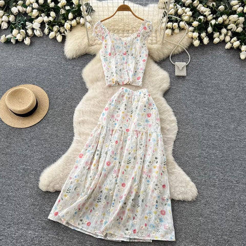 Floral Print Vest & Skirt 2Pcs