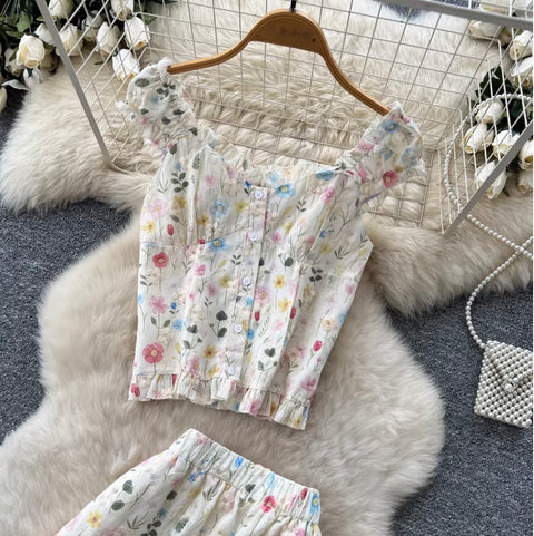Floral Print Vest & Skirt 2Pcs