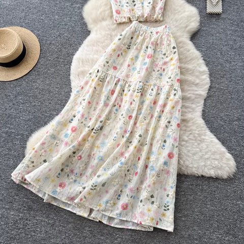Floral Print Vest & Skirt 2Pcs