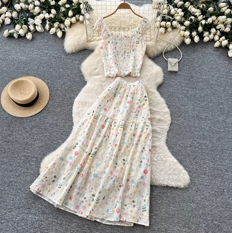 Floral Print Vest & Skirt 2Pcs