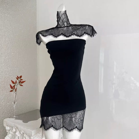 Sexy Black Lace Vest & Dress 2Pcs